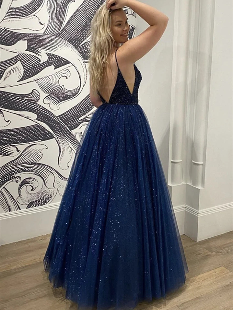 Robes de bal formelles longues bleu marine brillant, coupe évasée en A, décolleté cœur, dos ouvert
