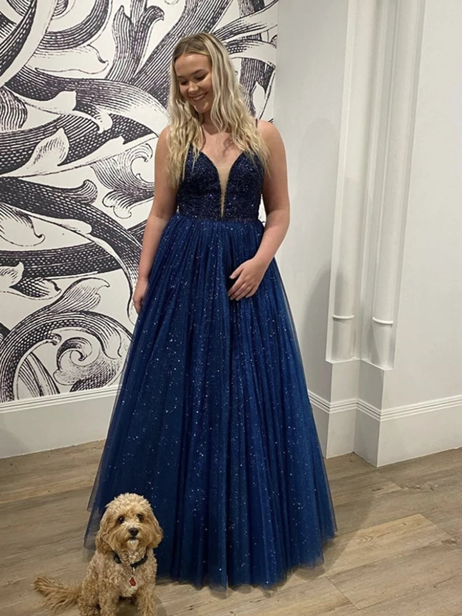 Robes de bal formelles longues bleu marine brillant, coupe évasée en A, décolleté cœur, dos ouvert