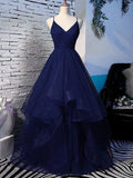 Robe de soirée longue bleu marine brillant, coupe évasée, col en V, en tulle duveteux, pour bal ou cérémonie formelle