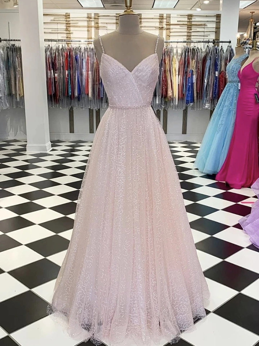Abito lungo lucido a linea ad A con scollo a V, ricamato di paillettes, formale per cerimonia di laurea e serate di gala