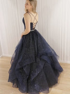 Robes de bal formelles brillantes longues en tulle à perles, coupe évasée en A, col en V et dos ouvert
