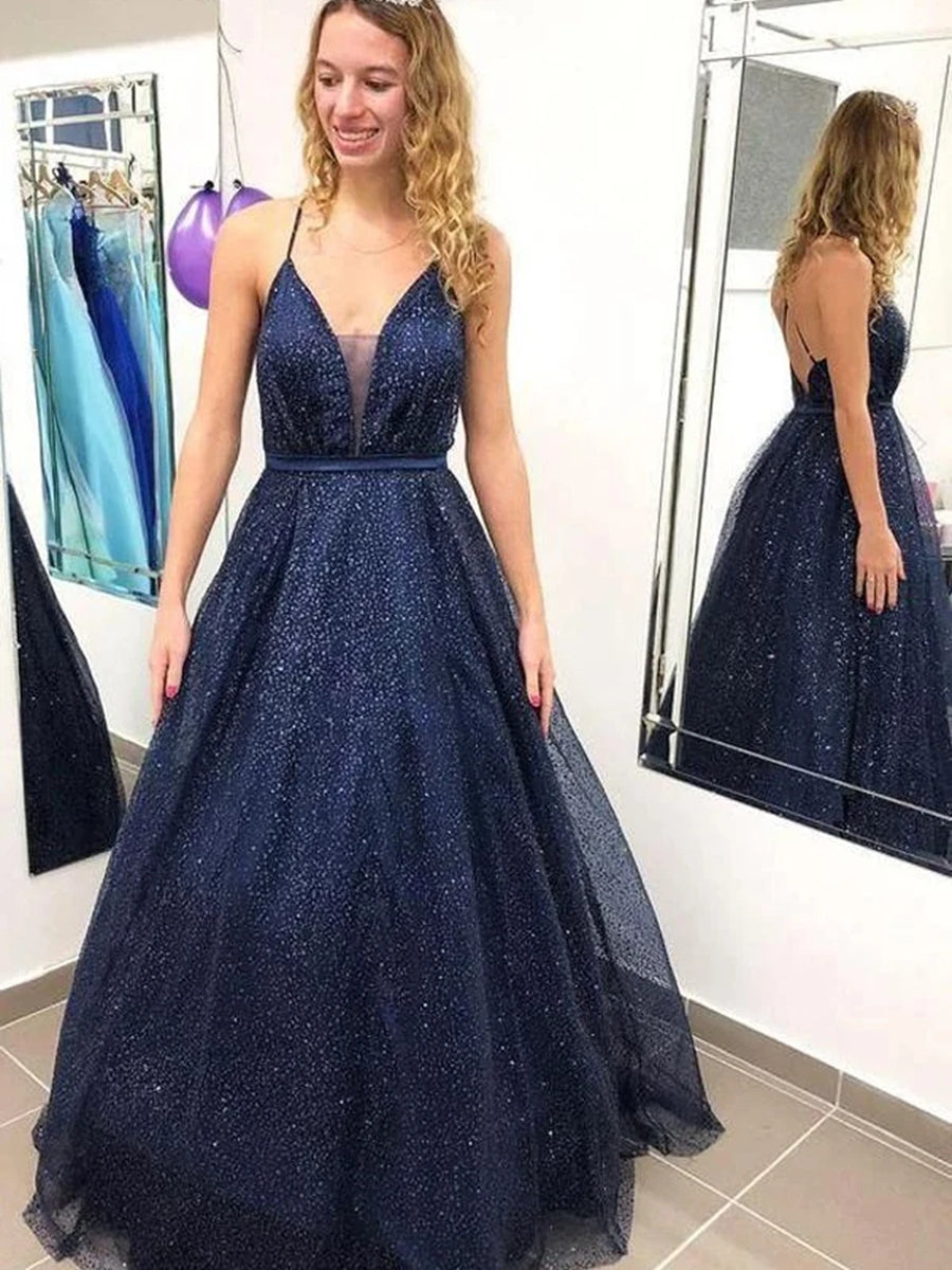 Abito lungo lucente a linea ad A con scollo a V, tulle, schiena scoperta e brillante per laurea e ballo di fine anno