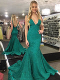 Robes longues brillantes de bal en forme de sirène, col en V, dos nu, formelles pour soirée avec traîne
