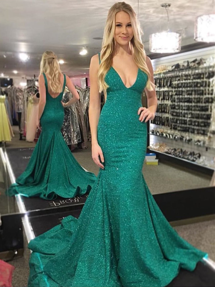 Robes longues brillantes de bal en forme de sirène, col en V, dos nu, formelles pour soirée avec traîne
