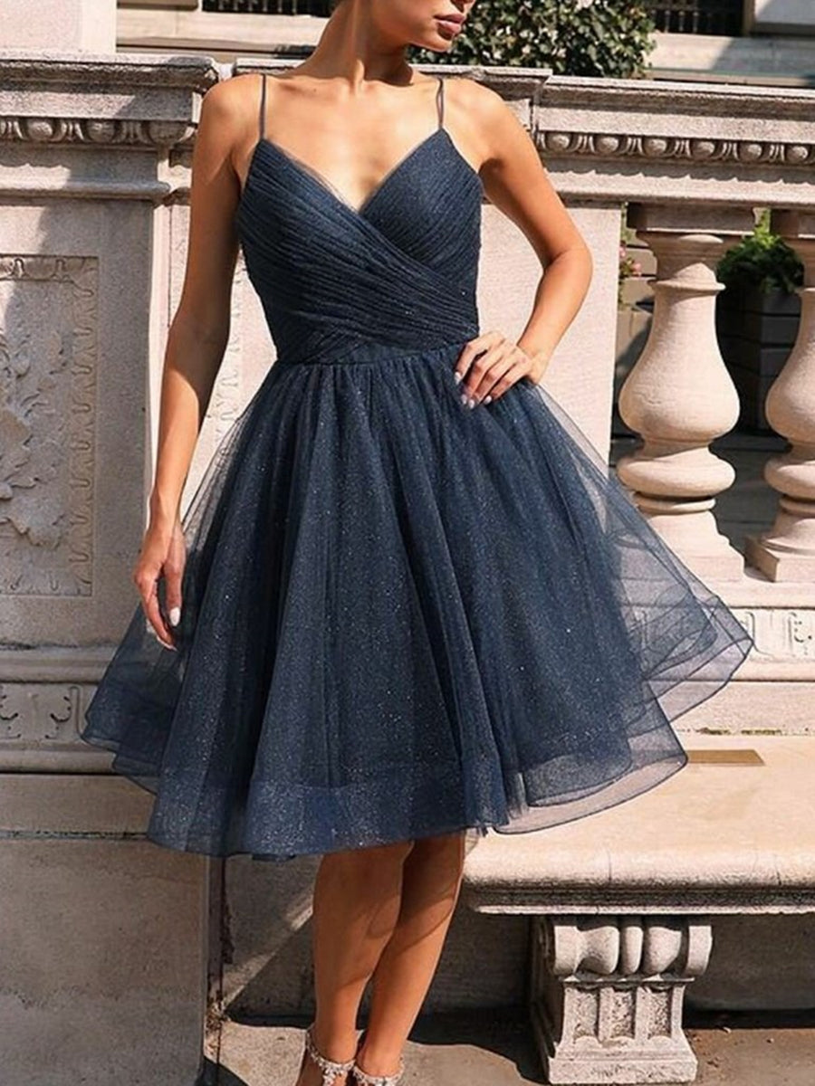 Vestidos de fiesta formales de tul con escote en V, tirantes finos y corte A, brillantes
