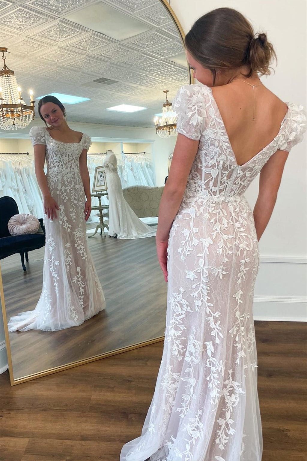 Appliques Square Neck Puff Sleeves Long Prom Dress