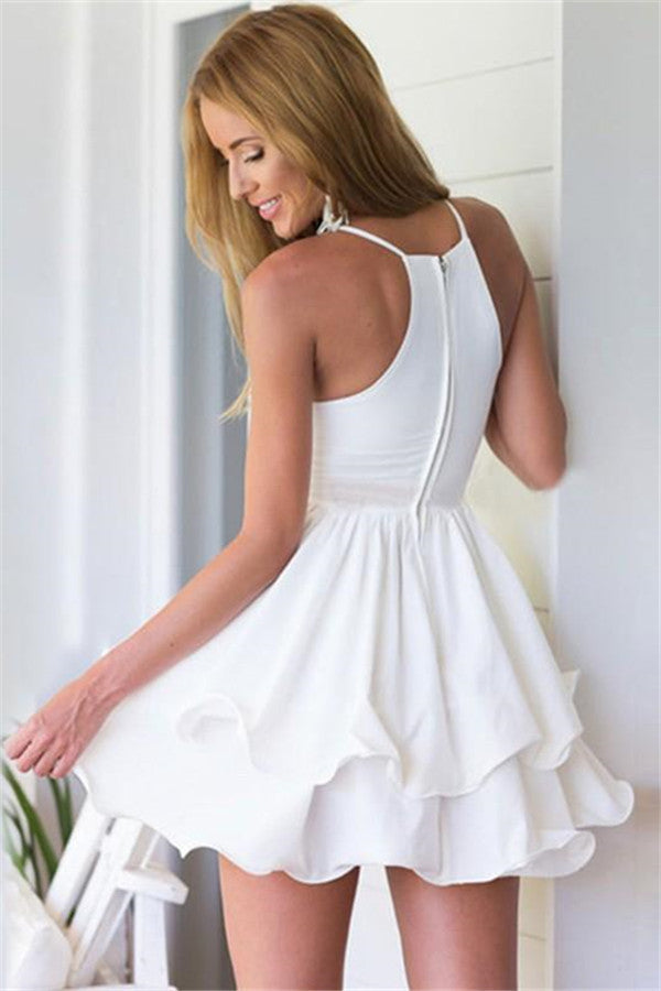 Vestito corto a strati in chiffon bianco con scollo a V e linea a trapezio per il ritorno a casa