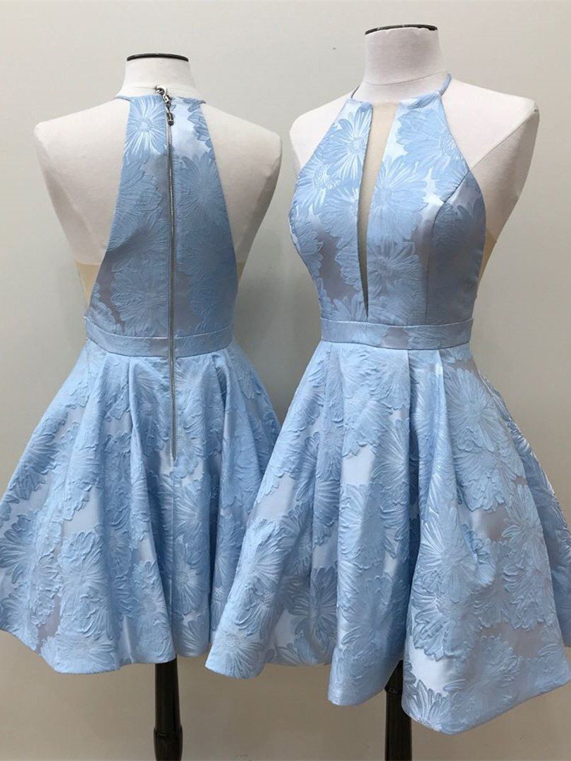 Vestido de fiesta corto de corte A con escote en V profundo y cuello halter sin mangas