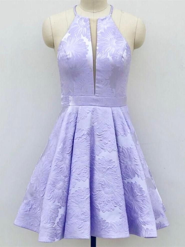 Vestido de fiesta corto de corte A con escote en V profundo y cuello halter sin mangas
