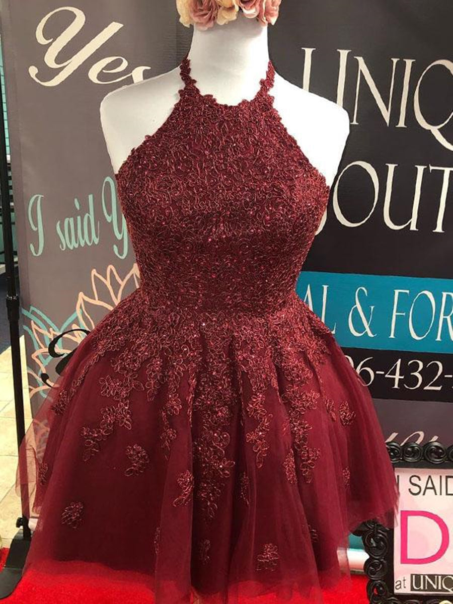 Robes courtes trapèze à col licou en dentelle et tulle dos nu pour bal de promo et retour à la maison