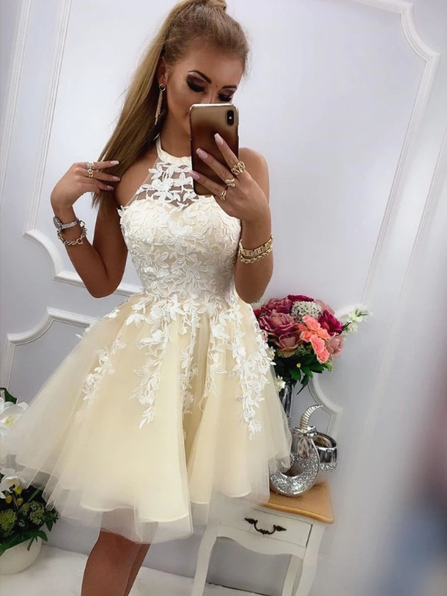 Robes courtes de bal de fin d'année à jupe évasée, col licou, en tulle et dentelle