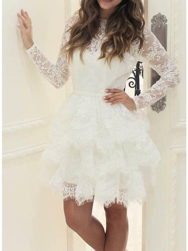Short A-line Lace Tulle Jewel Neck Wedding Dresses with Sleeves