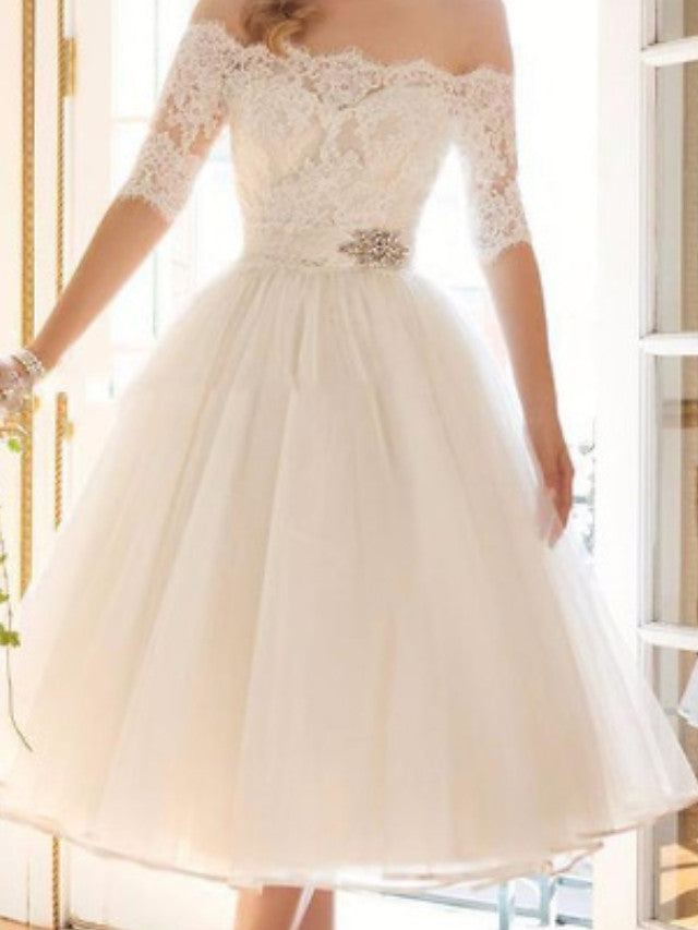 Vestidos de novia cortos de tul con encaje y hombros descubiertos, corte A y mangas