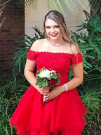 Robe courte rouge en tulle et dentelle, ligne A, épaules dénudées, pour bal de promo ou retour à la maison
