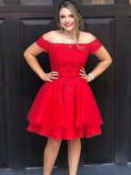 Robe courte rouge en tulle et dentelle, ligne A, épaules dénudées, pour bal de promo ou retour à la maison