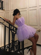 Vestidos curtos de baile de finalistas e receção em casa, princesa, sem alças, em tule, corte em A
