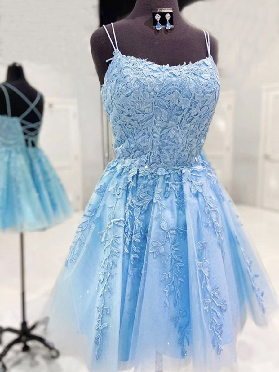 Robes courtes sans manches en tulle avec dentelle, dos nu, coupe trapèze, pour bal de promo et retour à la maison