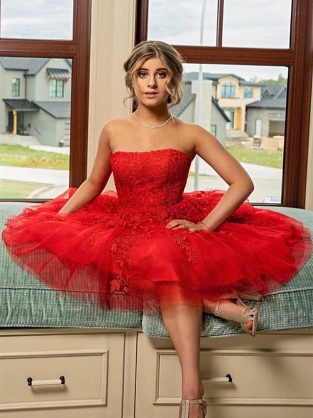 Abito corto a trapezio senza spalline in pizzo e tulle per ballo di fine anno rosso abito per festa di ritorno a casa