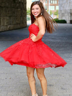 Robe de bal courte en tulle et dentelle rouge, sans bretelles, coupe trapèze, robe de rentrée scolaire