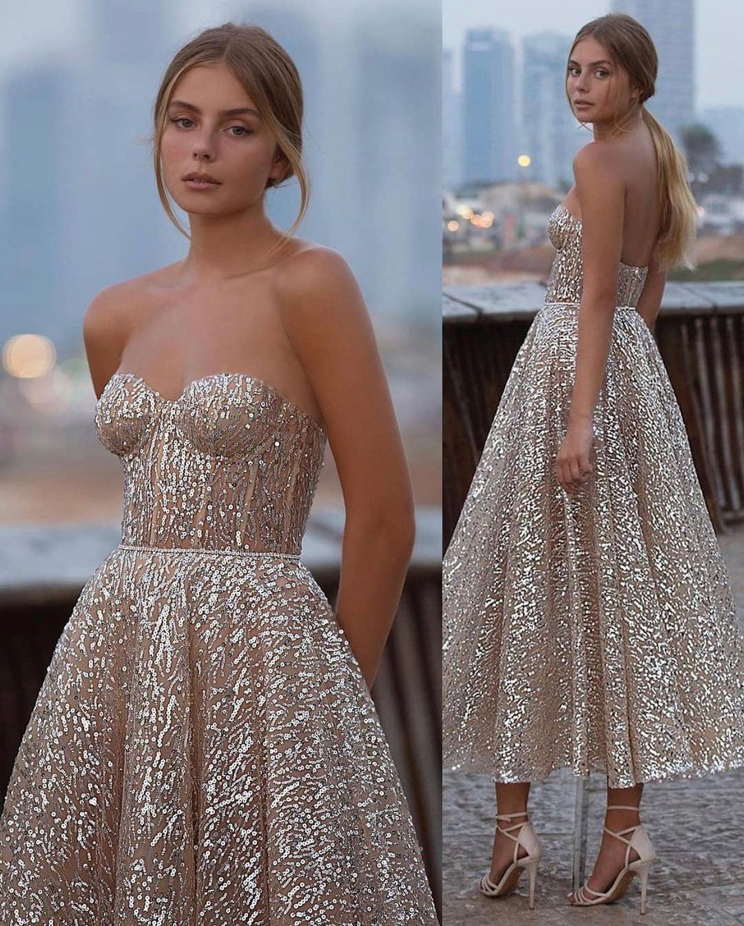 Robe de bal courte en ligne A, décolleté cœur, paillettes, longueur cheville, dos nu