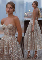 Robe de bal courte en ligne A, décolleté cœur, paillettes, longueur cheville, dos nu