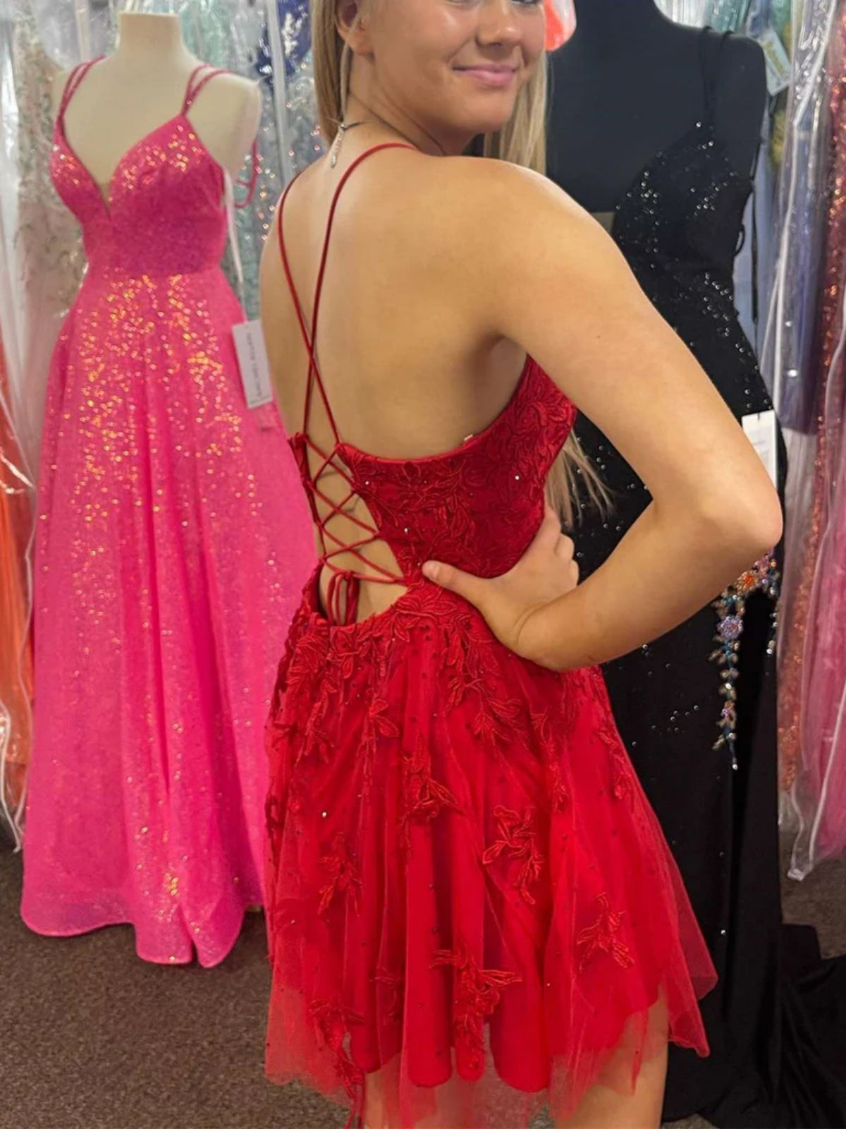 Abito corto a linea ad A con scollo a V, schiena scoperta, pizzo, abito da ballo rosso, abito formale per serata di ritorno a casa
