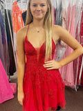 Vestidos curtos de baile em linha A com decote em V, costas descobertas e renda, vestidos formais vermelhos para festa de receção