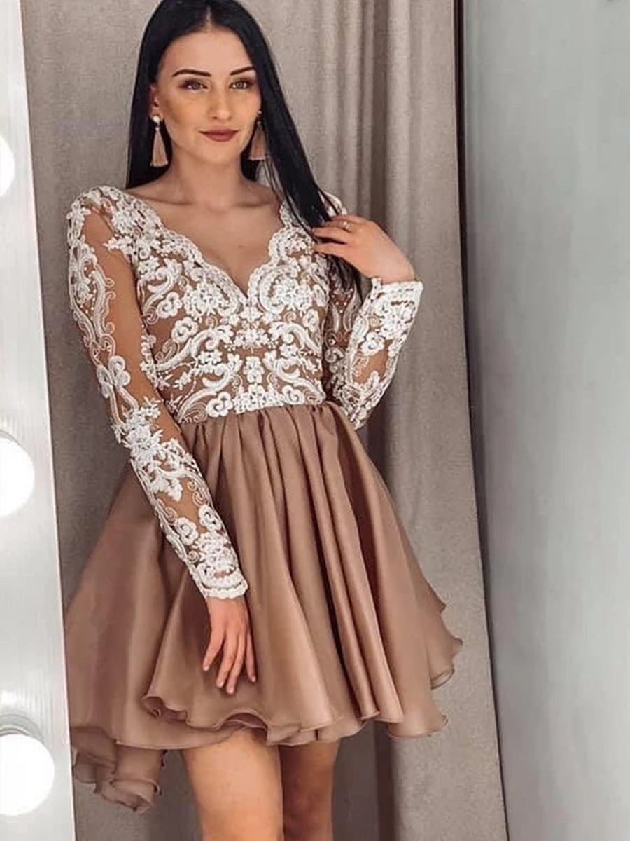 Robes courtes trapèze à col en V en dentelle pour bal de promo et retour à la maison avec manches