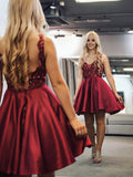 Abito da sera corto a linea A con scollo a V in raso e pizzo bordeaux per serate di gala