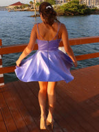 Robe de bal courte en satin lilas, ligne A, col en V, avec poches, robes de retour à la maison