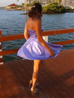 Robe de bal courte en satin lilas, ligne A, col en V, avec poches, robes de retour à la maison