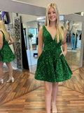 Vestiti corti a linea ad A con scollo a V, paillettes, per ballo di fine anno con tasche