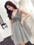 Robes courtes en tulle à perles, dos nu, en ligne A, col en V, pour bal de promo et retour à la maison