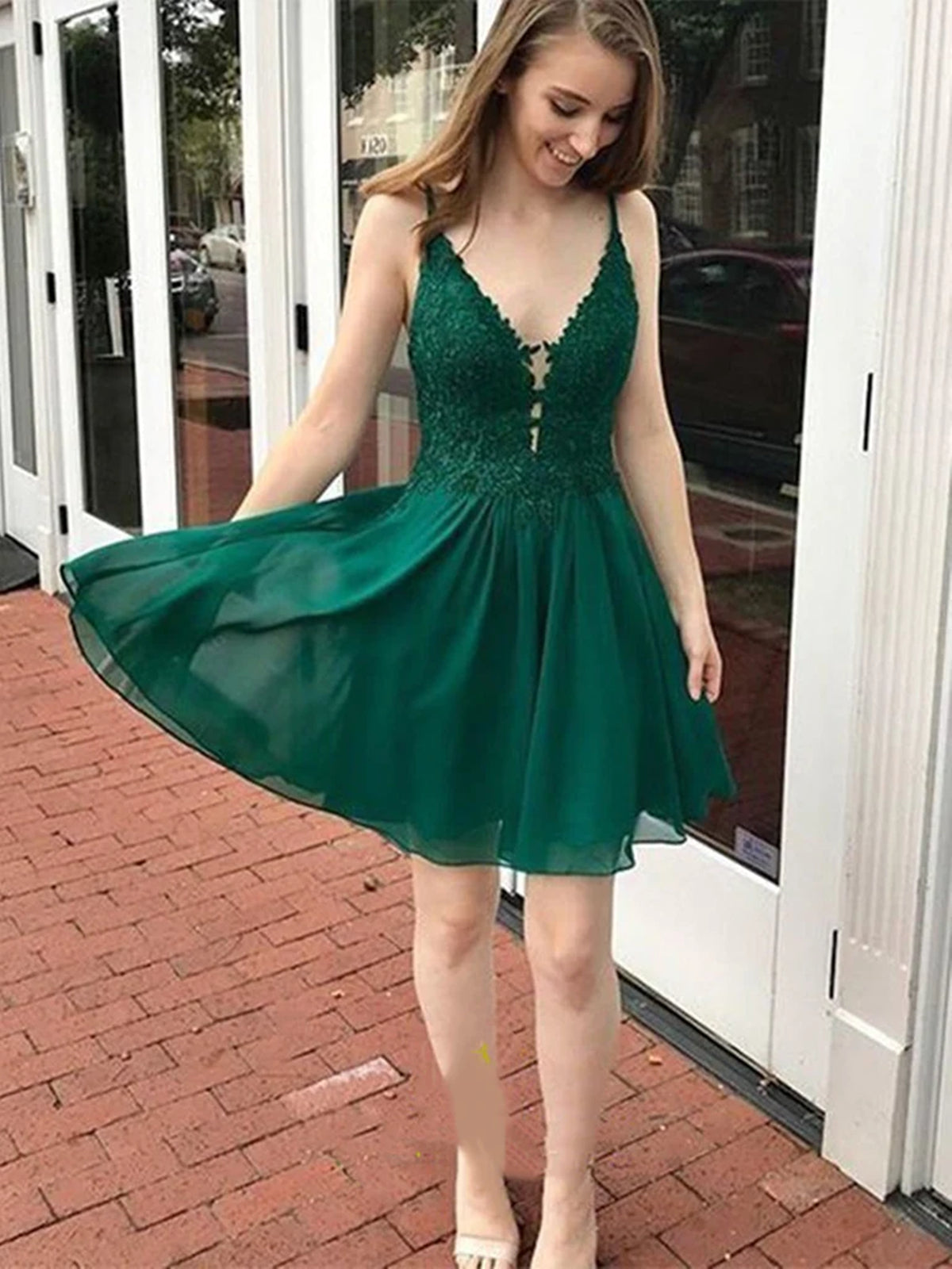 Abito corto a linea ad A con scollo a V in tulle e pizzo verde, abito formale da sera per laurea
