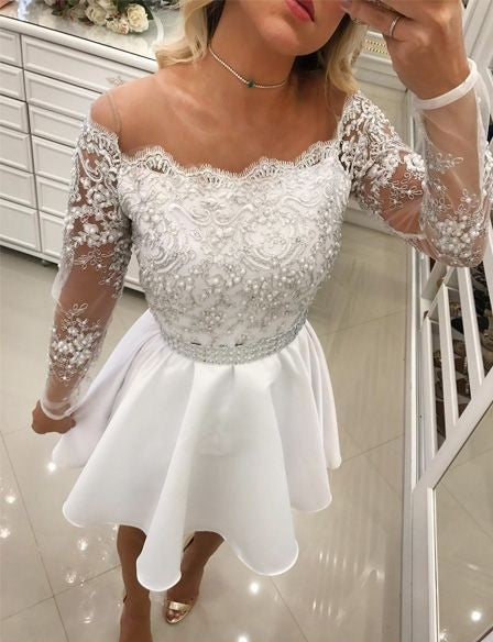 Robe de bal longue en mousseline blanche à manches longues et dentelle, coupe trapèze courte