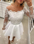 Robe de bal longue en mousseline blanche à manches longues et dentelle, coupe trapèze courte