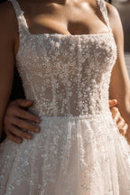 Ivory Square Neck Sleeveless Ball Gown Wedding Dress With Sequins And Beading