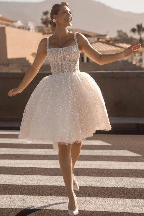 Ivory Square Neck Sleeveless Ball Gown Wedding Dress With Sequins And Beading