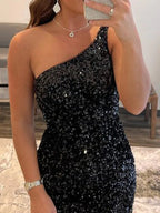 Robe de bal courte sirène à une épaule, dos nu, ornée de paillettes, noire, robe de retour à la maison