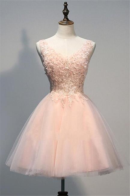 Robes de bal courtes roses en tulle à jupe évasée avec applications de dentelle