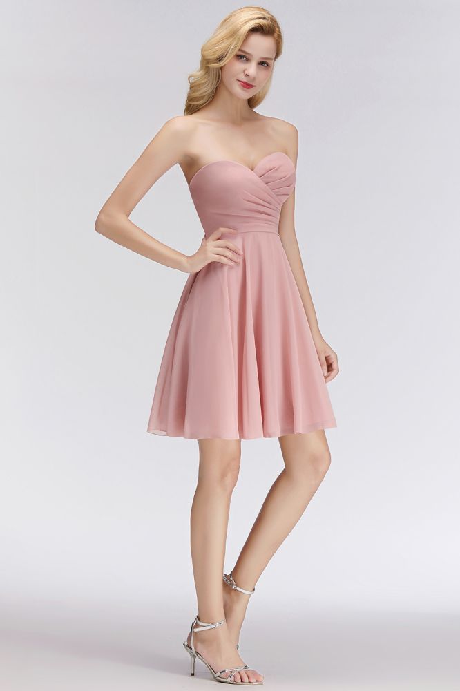 Vestidos Simples de Dama de Honra Cor-de-Rosa Curto com Decote Coração, Sem Mangas, Vestido para Baile de Regresso a Casa