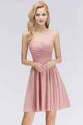 Vestidos Simples de Dama de Honra Cor-de-Rosa Curto com Decote Coração, Sem Mangas, Vestido para Baile de Regresso a Casa