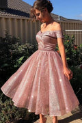 Robe de bal courte à paillettes, ligne en A, épaules dénudées, dos nu et scintillante