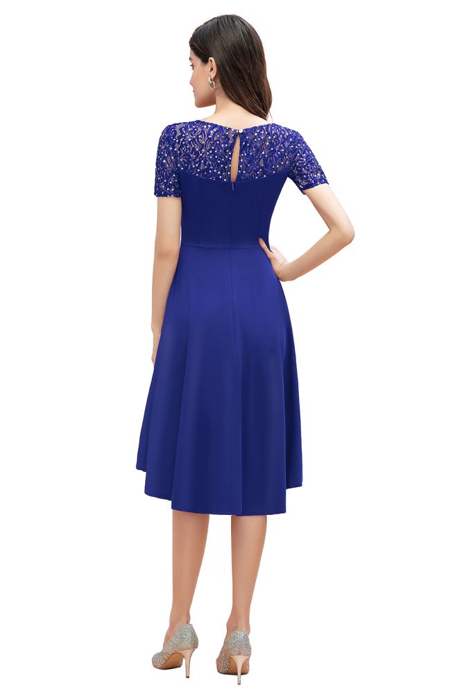 Vestido de cóctel de manga corta con lentejuelas, corte alto y bajo, color burdeos, estilo informal de diario