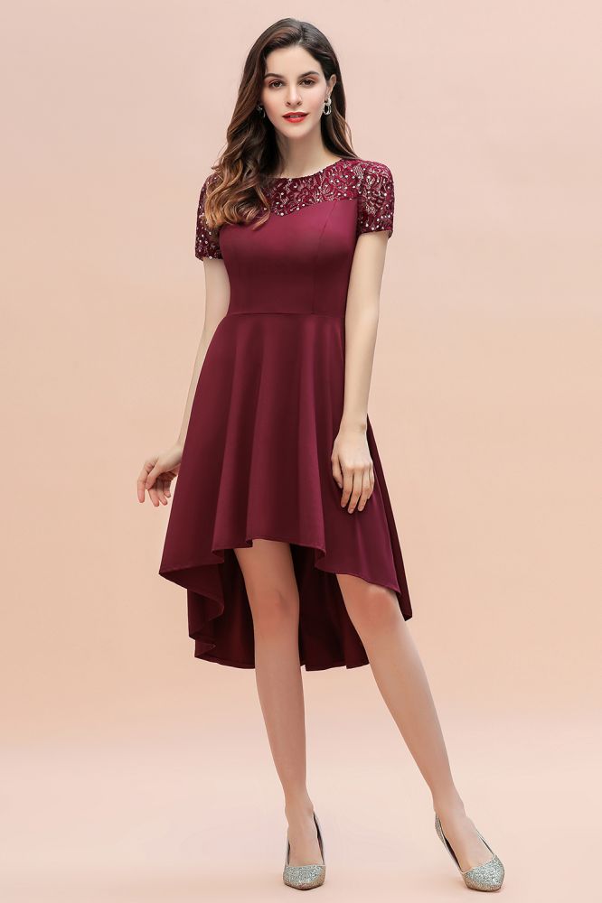 Vestido de cóctel de manga corta con lentejuelas, corte alto y bajo, color burdeos, estilo informal de diario