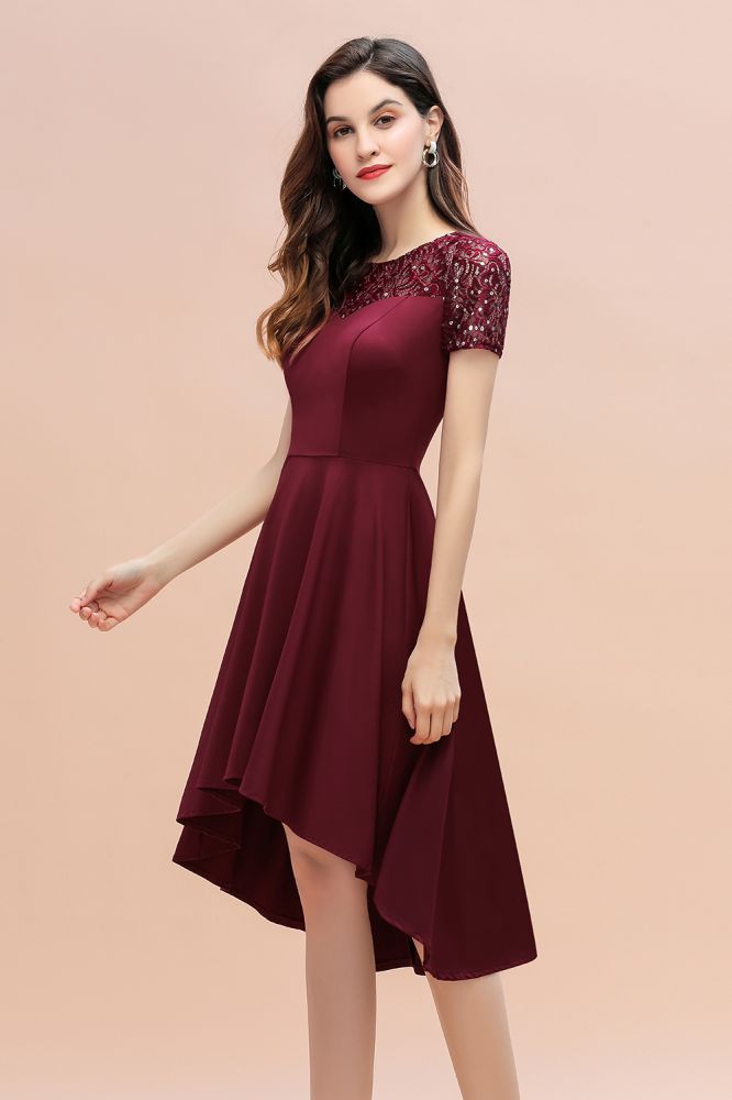 Vestido de cóctel de manga corta con lentejuelas, corte alto y bajo, color burdeos, estilo informal de diario