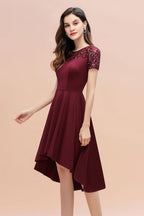 Vestido de cóctel de manga corta con lentejuelas, corte alto y bajo, color burdeos, estilo informal de diario
