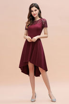Vestido de cóctel de manga corta con lentejuelas, corte alto y bajo, color burdeos, estilo informal de diario