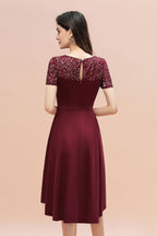 Vestido de cóctel de manga corta con lentejuelas, corte alto y bajo, color burdeos, estilo informal de diario