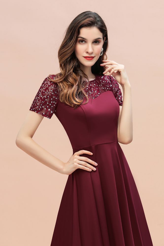 Vestido de cóctel de manga corta con lentejuelas, corte alto y bajo, color burdeos, estilo informal de diario